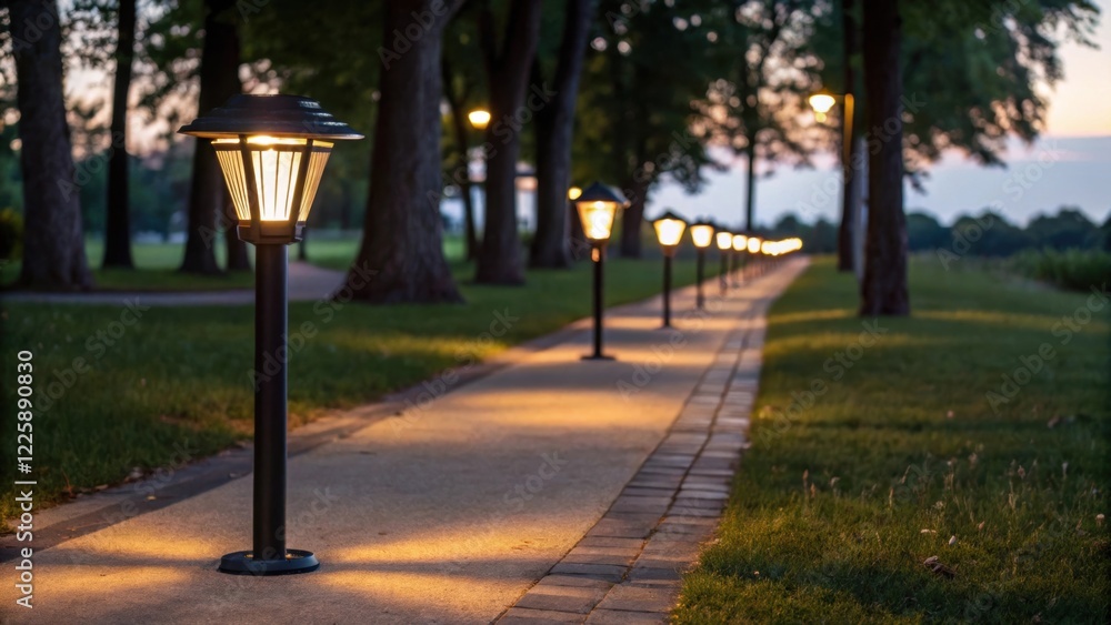 Poster a medium closeup of solar lights illuminating a walking path in a park at twilight with shadows cast