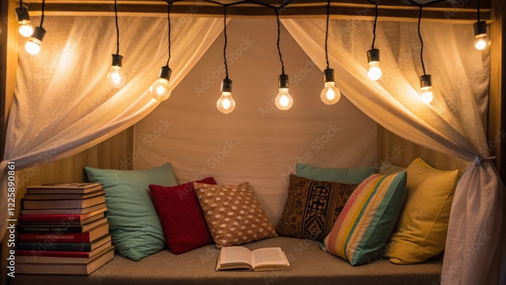 Poster a medium closeup of soft warm led lighting fixtures hanging from the ceiling illuminating a cozy rea
