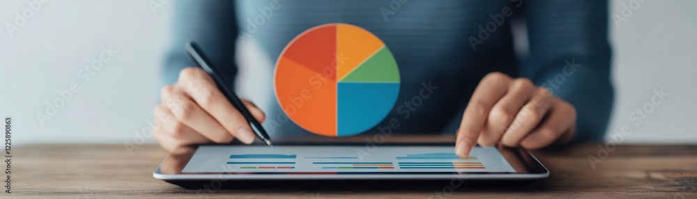 Aufkleber a person analyzing data on a tablet, showcasing a colorful pie chart and a modern workspace atmosphe