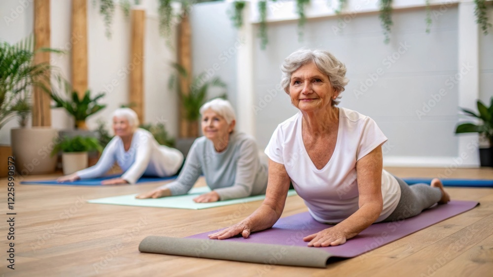 Poster a medium closeup of seniors participating in a yoga session showcasing mats and a serene setting wit