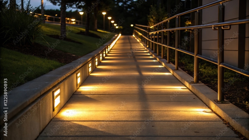 Poster A medium closeup of strategic lighting embedded on the ramp illuminating the pathway in low light conditions with the warm glow highlighting safety features in an evening setting.