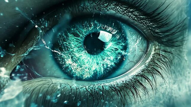 Captivating close-up of an intense eye with electric blue patterns and water-like effects, showcasing intricate details and depth in the iris