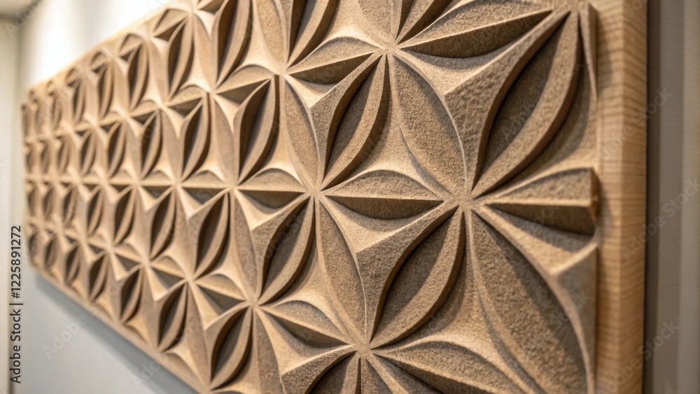 Aufkleber A medium closeup revealing the intricate design of a wallmounted sound diffuser showcasing its artistic elements combined with functional sound absorption.