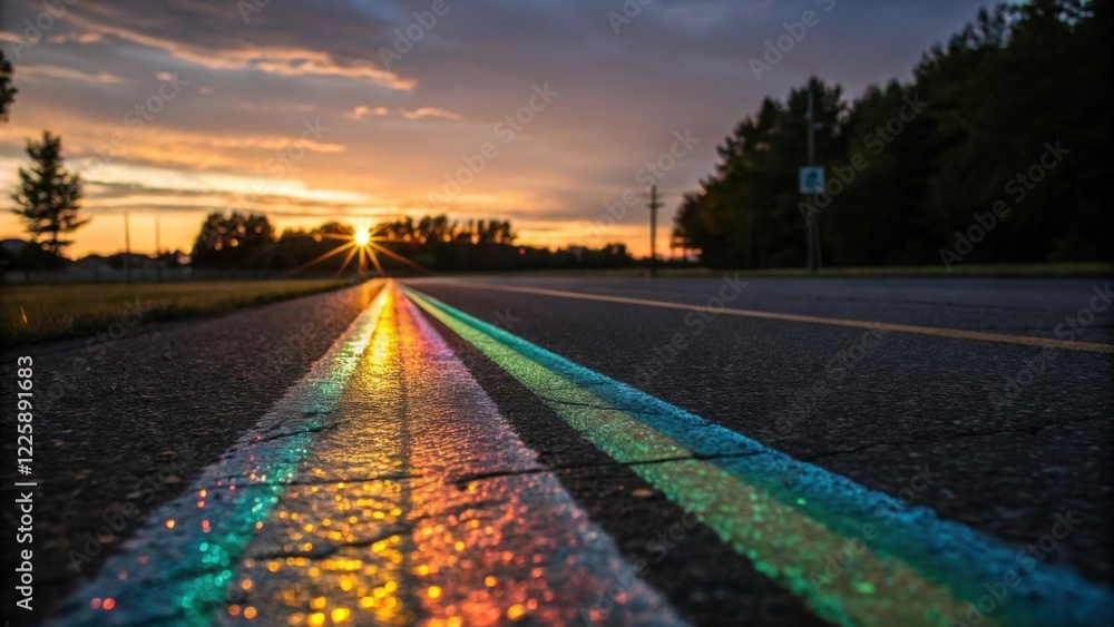 Poster An artistic closeup of light reflecting off the newly painted markings at sunset creating shimmering patterns that decorate the asphalt surface of the bike path.