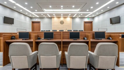 A modern jury box featuring soft cushioned seating and individual workstations enhancing the jurors experience during trials.