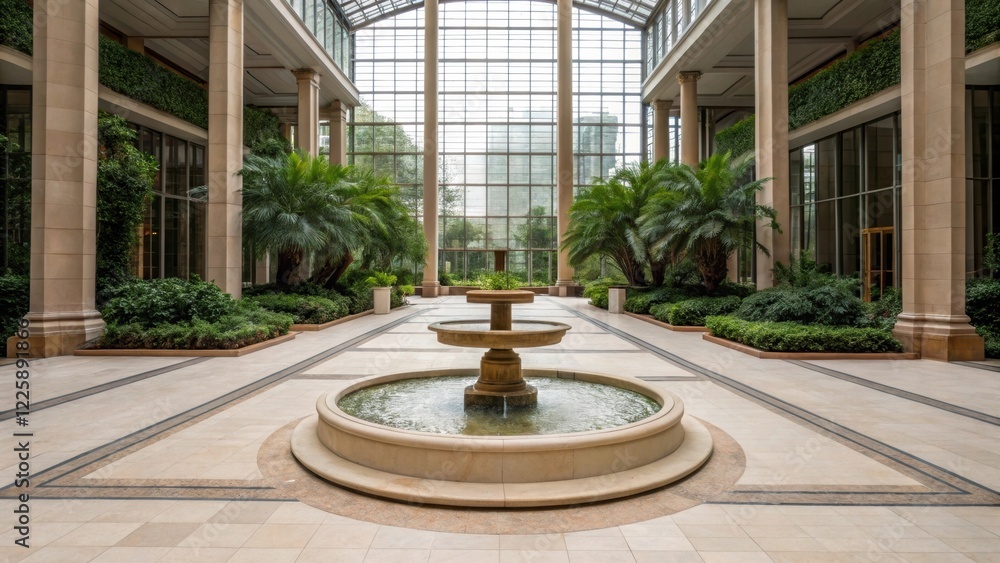 Poster An expansive view showcasing a central atrium fountain surrounded by wide pathways creating an open feeling while helping to diffuse pedestrian congestion.