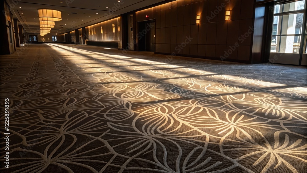 Poster An image capturing the play of light and shadow on an intricately patterned floor covering that also features acoustic properties enhancing both sound management and visual