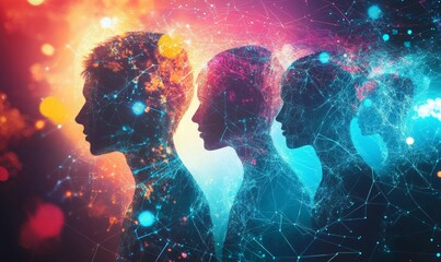 Three connected human profiles with network overlays.