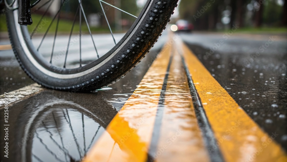 Poster an overhead closeup of a bicycle tire rolling over newly marked reflective lines droplets of water f