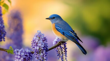 Obraz premium A vibrant bluebird perched gracefully on blooming purple flowers against a soft, colorful background, capturing nature's beauty.