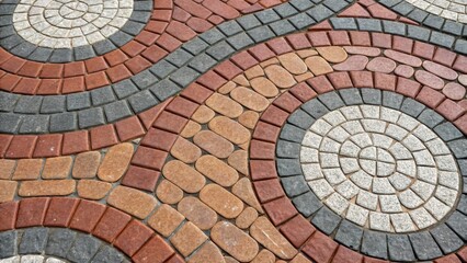 An overhead closeup of contrasting paving materials such as brick and stone arranged in a swirling pattern highlighting the visual interest created by the design.