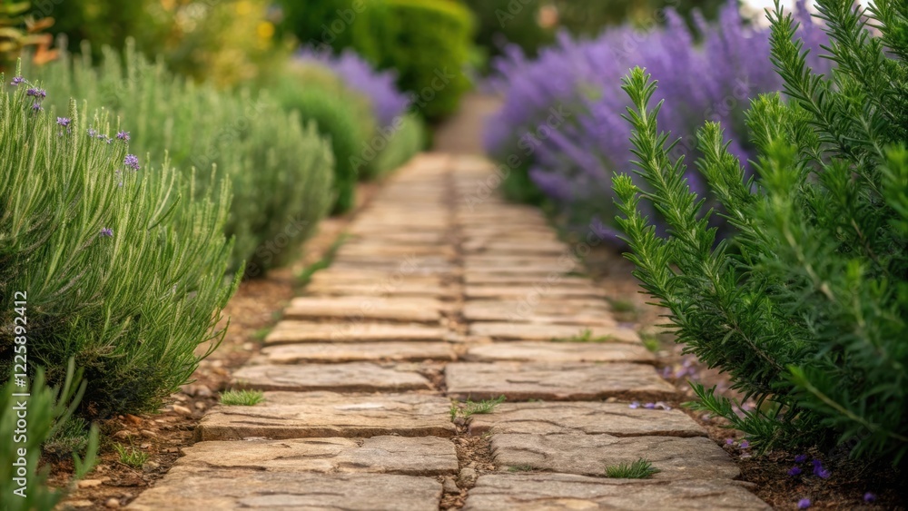 Poster A rustic stone pathway lined with aromatic herbs leading visitors through a sensory experience with closeup views of rosemary and lavender enhancing the atmosphere of the garden.