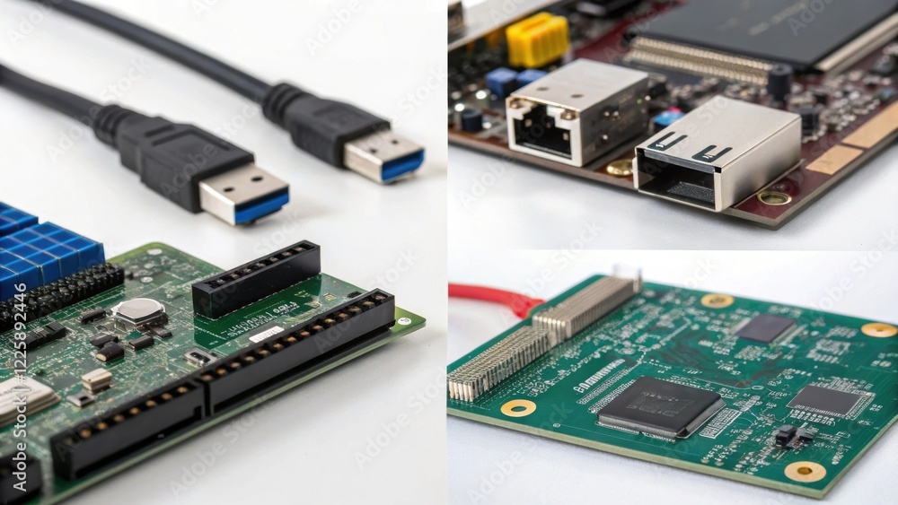 Poster a series of closeup images showing various components like circuit boards and connectors laid out on