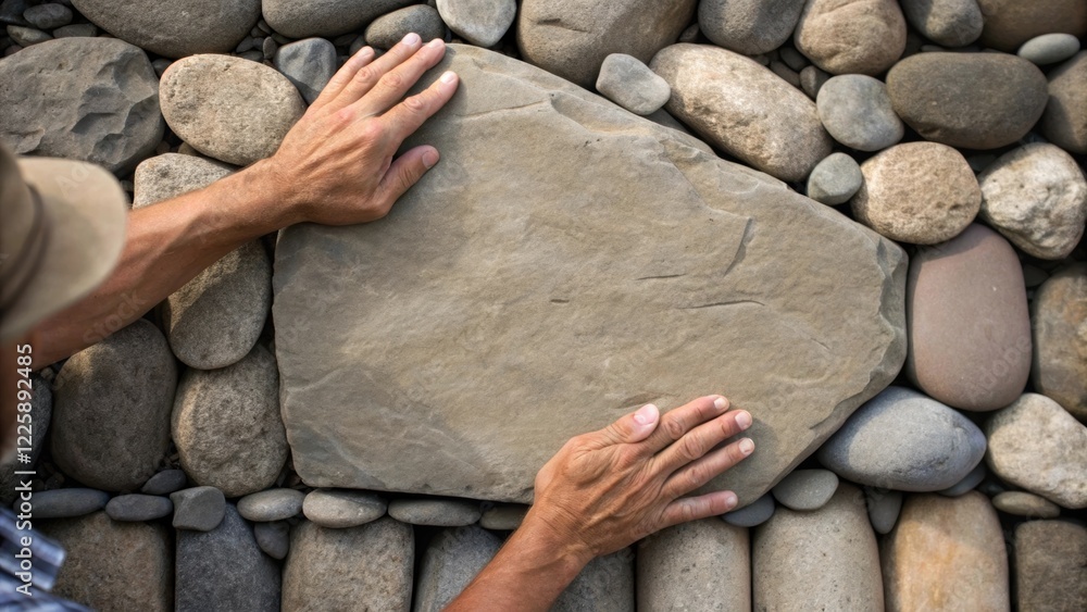 Poster a shot of hands adjusting the placement of a large irregularshaped stone capturing the effort and ca