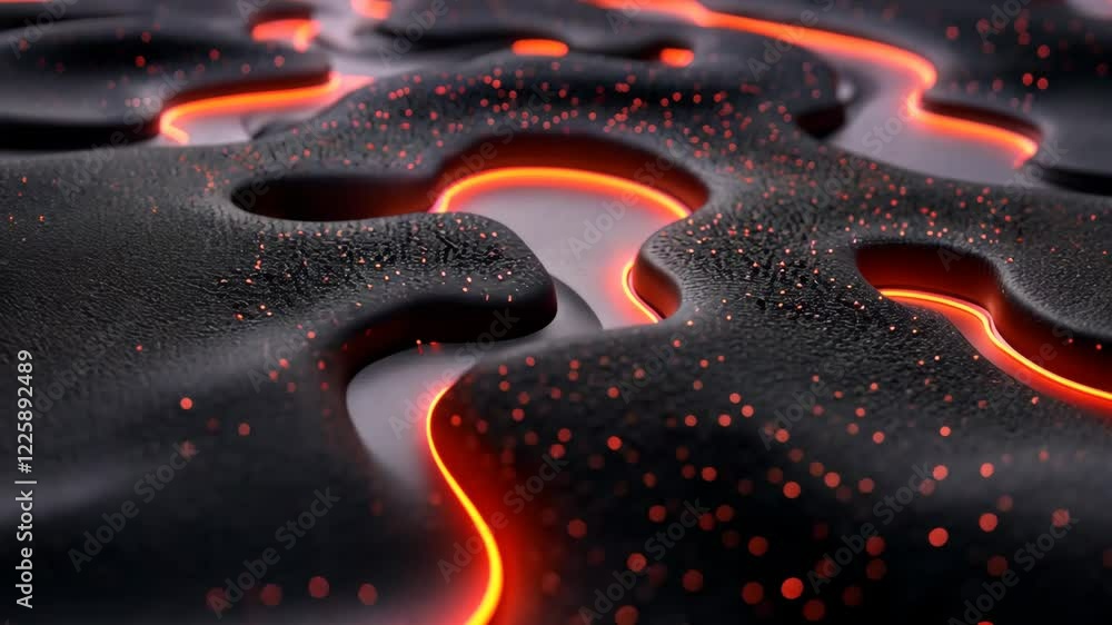 Poster volcanic lava flow creating glowing patterns on rocky surface during nighttime