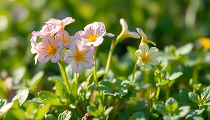 Obraz premium Closeup of Delicate Pink and Yellow Primroses Blooming in Sunlight