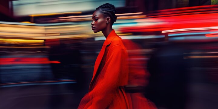 Elegant African American Woman in Red Coat Walking Through Vibrant Cityscape with Motion Blur and Neon Lights