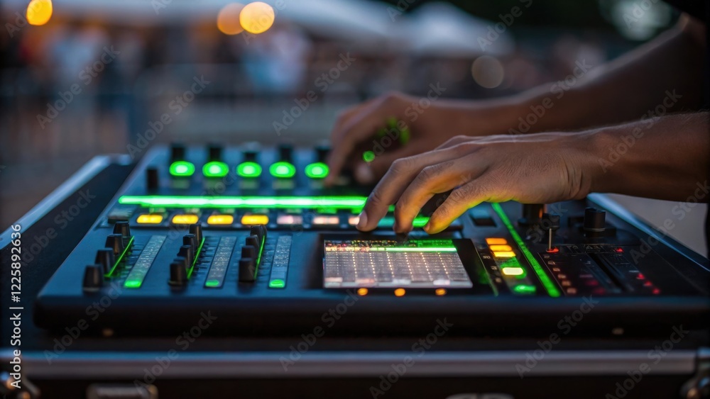 Poster A technicians hands finetune a digital audio interface illuminated by the glow of screens emphasizing the crucial role of sound engineering at outdoor events.