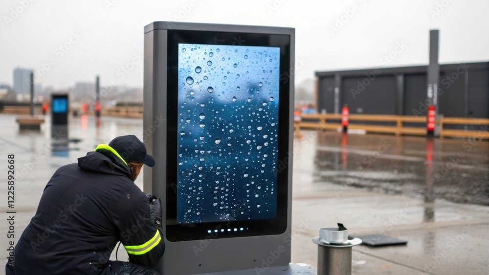 Poster a technician securing an outdoor digital signage unit with raindrops glistening on the screen emphas