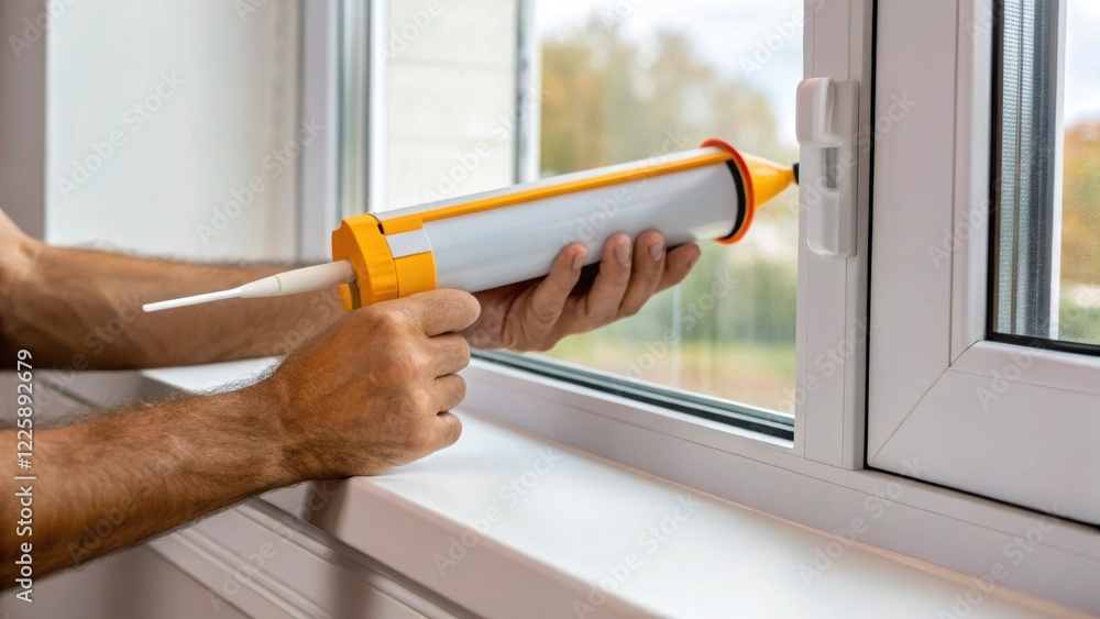 Poster a technicians hands applying sealant around a window frame with a caulking gun poised and ready capt