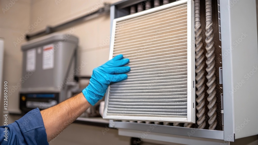 Poster A technicians gloved hand adjusting an air filter in a mounted unit emphasizing the routine maintenance necessary for effective climate control.