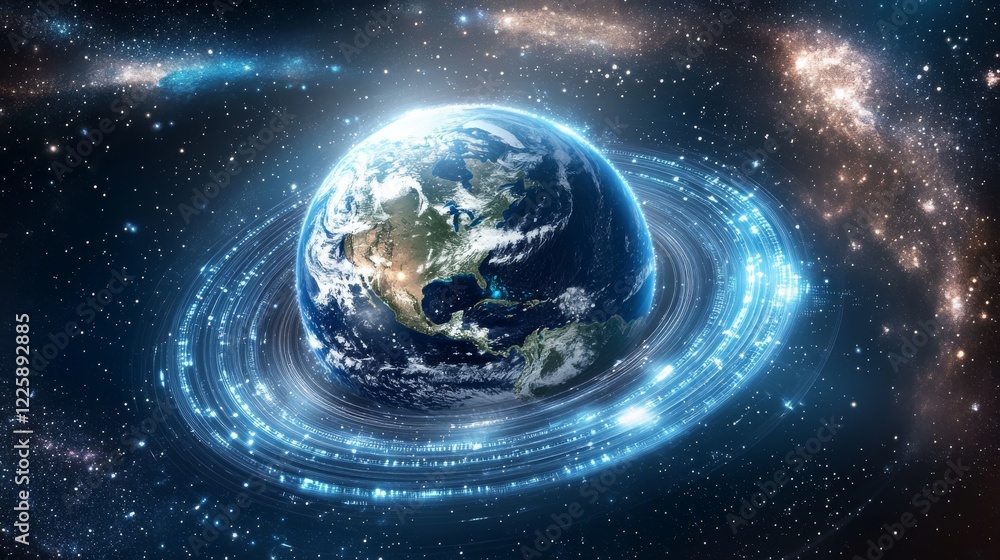 Poster hologram of futuristic planet earth with digital glowing map of dots into cyberspace. hi-tech hud ci
