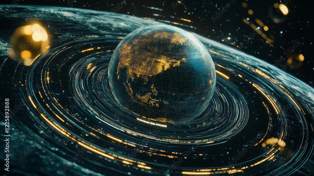 Poster hologram of futuristic planet earth with digital glowing map of dots into cyberspace. hi-tech hud ci