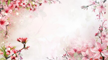 Fototapeta premium pink cherry blossom background with empty space in center