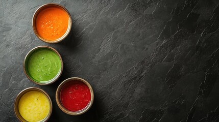 Assortment of colored vegetable cream soups. Dietary food. On a black stone background. Top view. Free copy space.