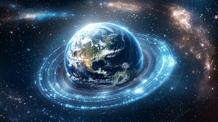 Hologram of futuristic planet Earth with digital glowing map of dots into cyberspace. Hi-tech HUD circles. Globe with abstract rings in the orbit with stardust. Global communication. Vector