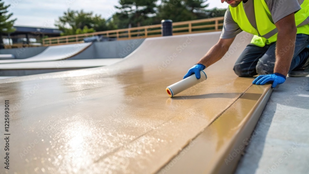 Aufkleber Closeup of a construction worker applying a layer of highquality sealant to a skatepark surface showcasing the texture and the glistening finish that enhances performance.