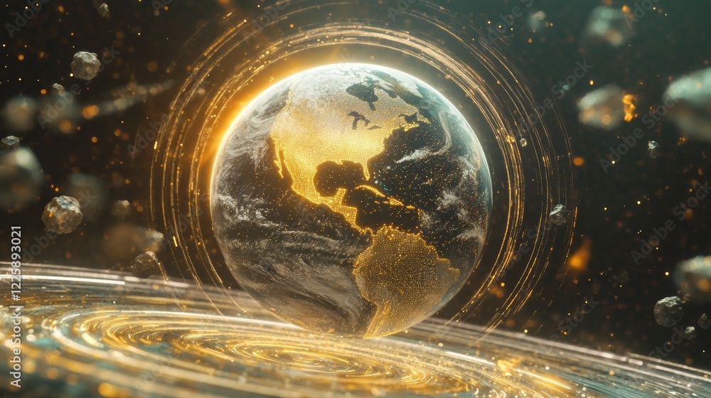 Poster hologram of futuristic planet earth with digital glowing map of dots into cyberspace. hi-tech hud ci