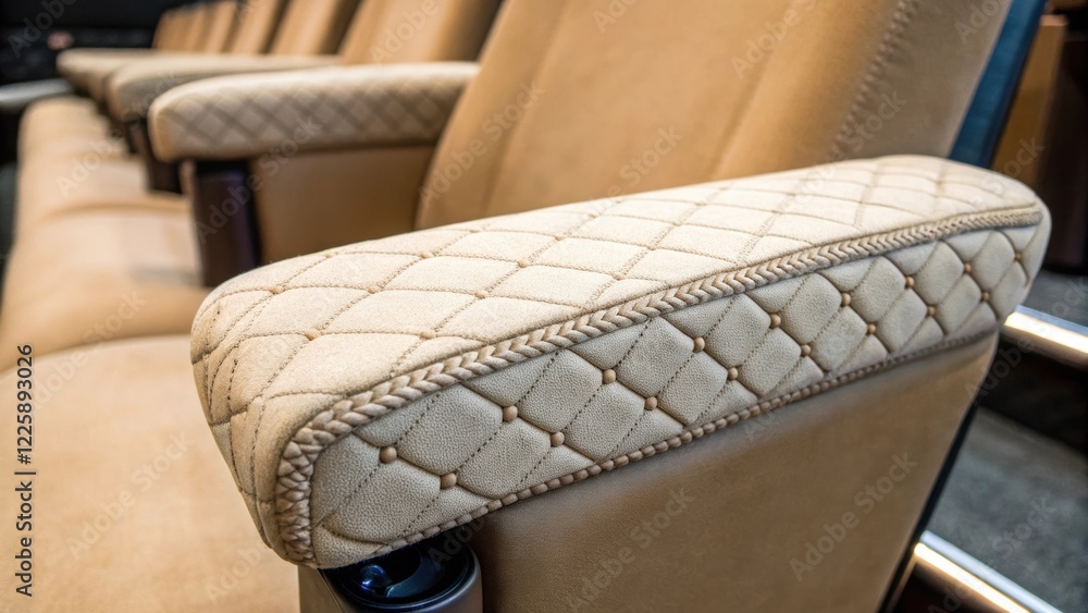 Aufkleber Closeup of a cushioned armrest being fitted onto a theater seat with the texture and stitching in sharp focus.