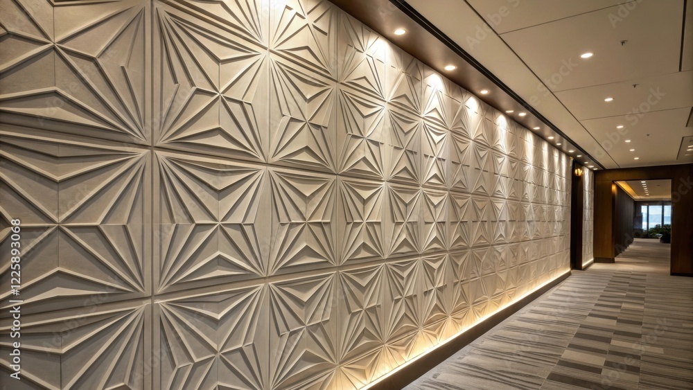 Aufkleber Closeup of a feature wall with a monochromatic geometric pattern emphasizing the clean lines and sharp angles that evoke a modern artistic feel in the foyer.