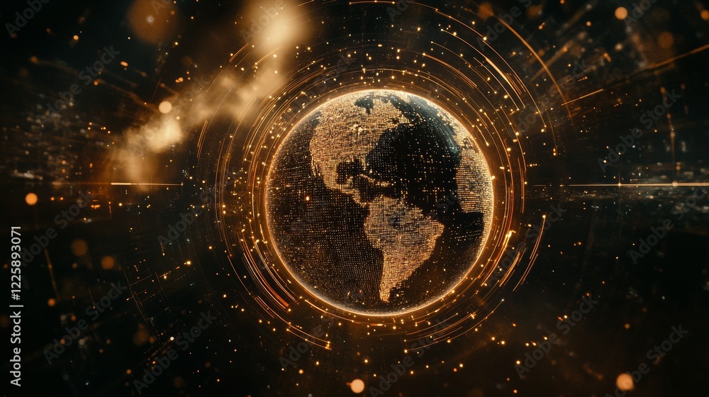 Poster hologram of futuristic planet earth with digital glowing map of dots into cyberspace. hi-tech hud ci