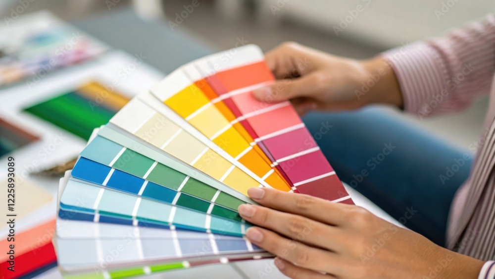 Aufkleber closeup of a designers hand holding a color swatch palette contemplating colors for the new seating 