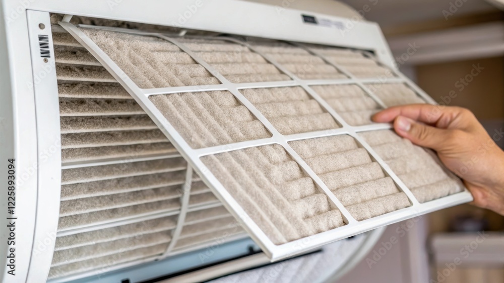 Aufkleber Closeup of a filter being pulled from an HVAC unit showing dust accumulation on the surface and a hand preparing to replace it with a clean one.