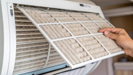 Closeup of a filter being pulled from an HVAC unit showing dust accumulation on the surface and a hand preparing to replace it with a clean one.