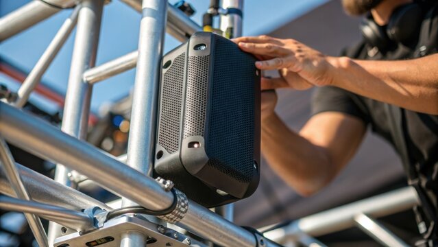 Closeup of a crew member securing a portable speaker to a stage rigging focusing on the detailed craftsmanship of the equipment and the gleam of metal fixtures in bright sunlight.