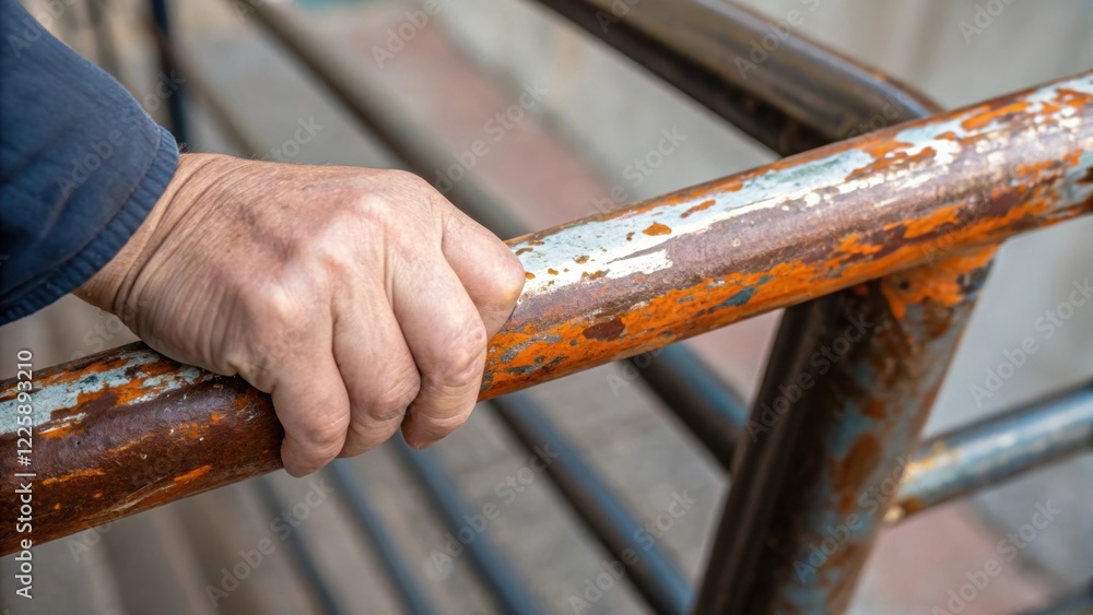 Poster closeup of a hand gripping a sy metal handrail showing rust and wear while a fresh coat of paint is 