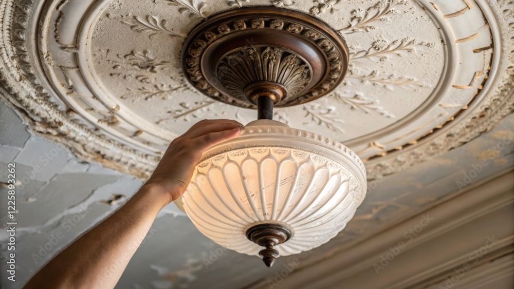 Poster Closeup of a hand installing a new light fixture featuring the intricate design of the fixture and the contrast of the old ceiling paint above.