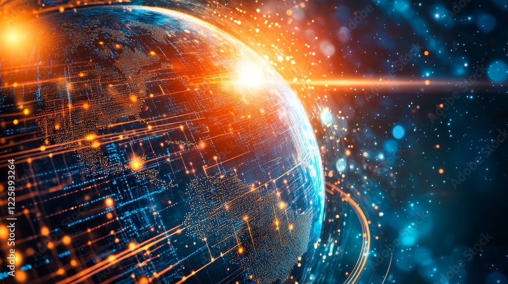 Poster hologram of futuristic planet earth with digital glowing map of dots into cyberspace. hi-tech hud ci