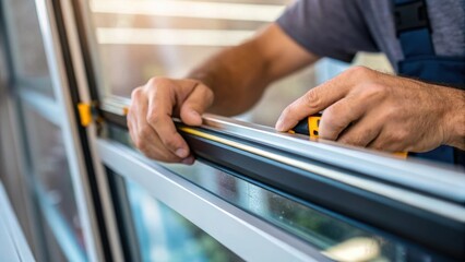 Closeup of a handson worker applying weatherstripping to the edge of a window with the shimmering glass reflecting tools and light from the surroundings.