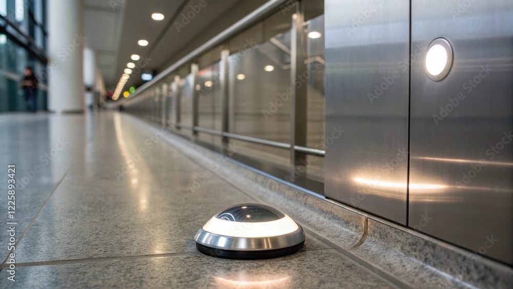 Poster Closeup of a motion sensor illuminated with a soft glow reflecting the light on a polished metal surface emphasizing its sleek design against the backdrop of a modern corridor.