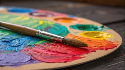 Closeup of an artists palette smeared with a mix of bright acrylic paints brush resting nearby capturing the essence of artistic expression in action.