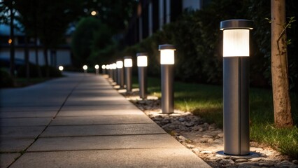 Closeup of an illuminated pathway lined with energyefficient bollard lights casting soft shadows and guiding pedestrians showcasing safety and ecoconscious design in urban