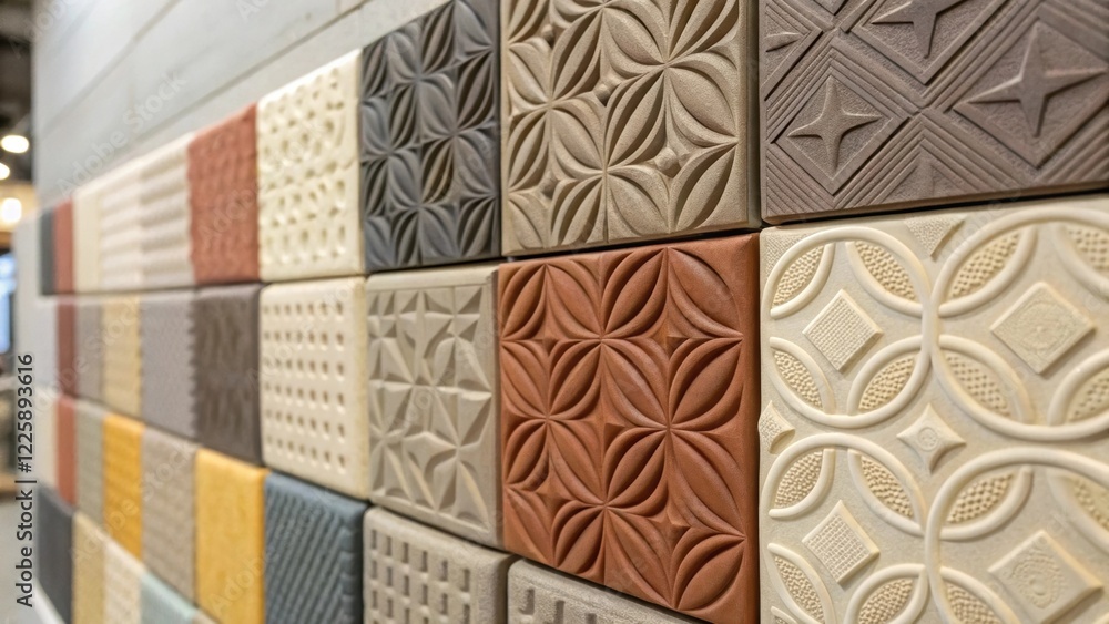 Aufkleber Closeup of a section of a wall covered with a series of interlocking acoustic tiles showcasing various textures and patterns that also serve as visual art.