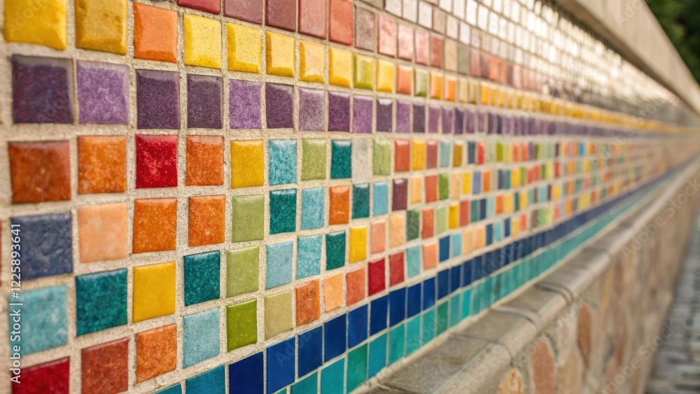 Leinwandbilder Closeup of a section of a feature wall adorned with a mosaic of small colorful tiles each reflecting light in a different hue creating a dynamic visual experience.