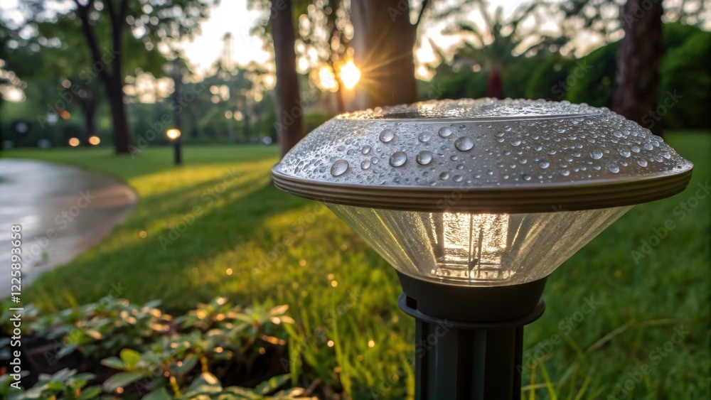 Poster closeup of a shining solar light fixture with droplets of dew collecting on its surface in the early