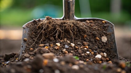 Closeup of a shovel scooping up a mixture of soil and organic matter with small stones and roots visible highlighting the rich nutrientdense substrate for the green roof.